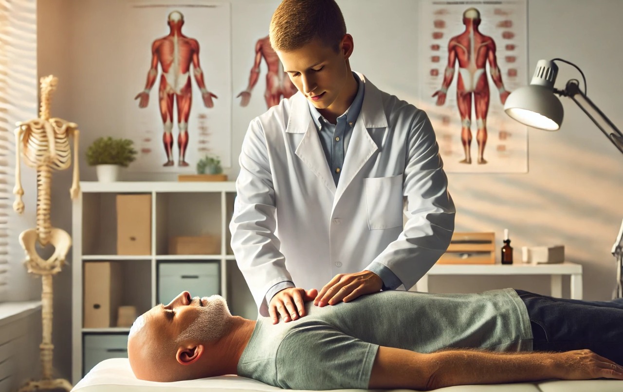 L’immagine mostra un osteopata in abbigliamento professionale che tratta manualmente un paziente oncologico in un ambiente clinico accogliente, senza strumenti medici.